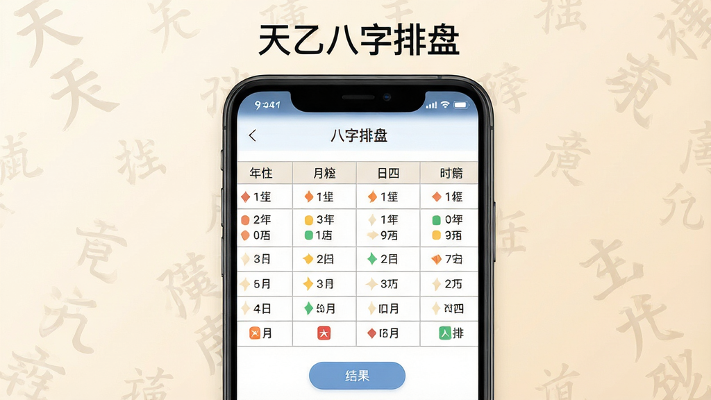 主体为一部竖屏智能手机,屏幕中央展示天乙八字排盘软件的四柱排盘结果页面,页面包含年柱月柱日柱时柱四列文字信息与五行颜色标注;布局为手机居中放置,背景为浅米色渐变,四周点缀淡淡的干支文字水印;排版简洁,上方留白放软件名称文字“天乙八字排盘”;风格为清爽扁平化UI展示风;细节包括屏幕内表格线条清晰、按钮圆角、顶部状态栏完整;画质高清、画面干净、无多余元素