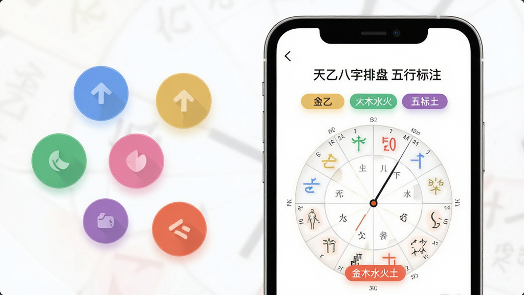 主体为手机屏幕特写,屏幕内天乙八字排盘结果页以五种不同颜色小标签标注金木水火土五行属性;布局为手机居中偏右,左侧漂浮五个圆形色块图标;排版清爽,顶部文字“天乙八字排盘 五行标注”;风格为现代扁平信息图风格;细节包括色块边缘柔和、文字清晰、界面留白充足;画质高清、画面干净、无杂乱元素