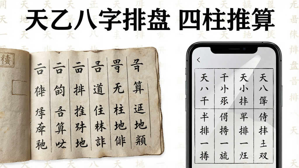 主体为一张展开的纸质排盘卡片与手机屏幕并排对比,卡片上书写天干地支文字,手机屏幕显示天乙八字排盘的四柱结果;布局为左卡片右手机,居中构图;排版上下分层,顶部一行标题文字“天乙八字排盘 四柱推算”;风格为文化质感与数码产品结合;细节包括卡片纸纹、手机高光、干支字形清晰;画质清晰、背景干净、无多余装饰