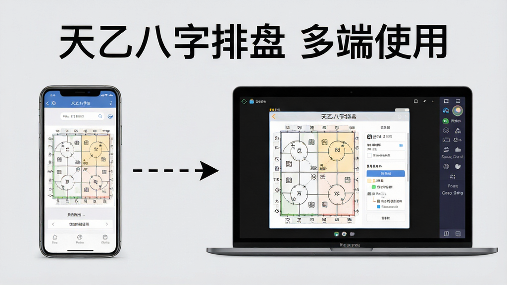 主体为一部手机与一台笔记本电脑并排,手机屏幕显示天乙八字排盘日期选择界面,电脑屏幕显示模拟器中的同一界面;布局为左手机右电脑,中间用虚线箭头连接;排版上方一行文字“天乙八字排盘 多端使用”;风格为数码教程示意图风格;细节包括界面元素清晰、箭头指向明确、背景浅灰;画质清晰、画面干净、无多余元素