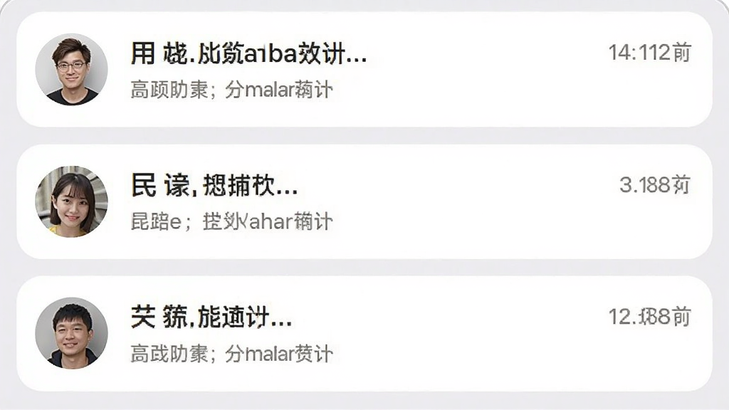 手机消息通知中心界面示意图,画面中排列着若干条圆角卡片式消息条目,每条左侧有头像缩略图,右侧为两行文字摘要与时间戳,整体配色为白底浅灰分割线,风格为现代移动端UI设计展示,布局规整,画质干净清晰