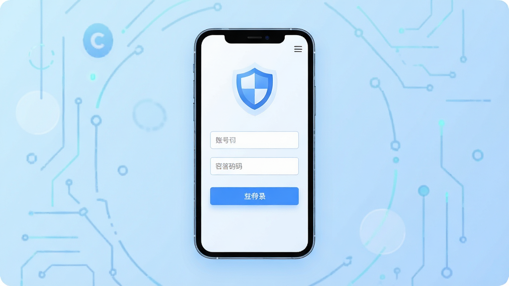 一张安全登录界面概念图,手机屏幕中央显示简洁的登录表单,包含账号与密码输入框以及一个蓝色登录按钮,屏幕上方有盾牌图标元素,背景为浅蓝渐变,风格为科技感UI插画,布局居中对称,画质清晰干净
