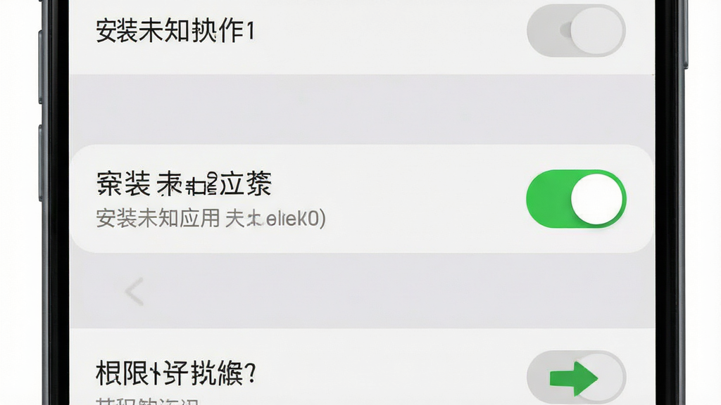 一张手机设置界面示意图,画面中展示“安装未知应用”权限开关处于开启状态的绿色高亮效果,背景为浅色系统设置列表,风格为移动端UI操作演示图,布局清晰,细节突出开关与文字说明,画质干净无多余元素