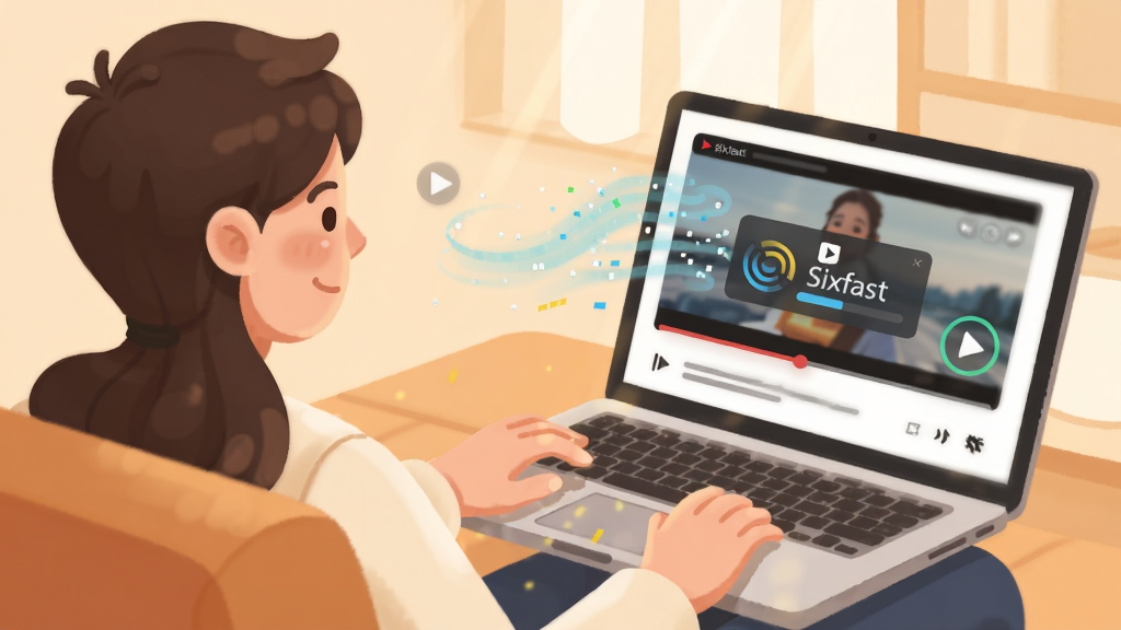一张表现Sixfast影音加速功能的场景化插图,画面主体为一名用户坐在沙发上使用笔记本电脑观看视频,屏幕中显示视频播放界面并带有