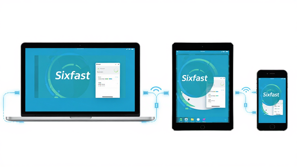 一张展示Sixfast多终端同步使用的示意图,画面主体为并排排列的笔记本电脑、平板电脑与智能手机三台设备,每台设备屏幕中均显示带有