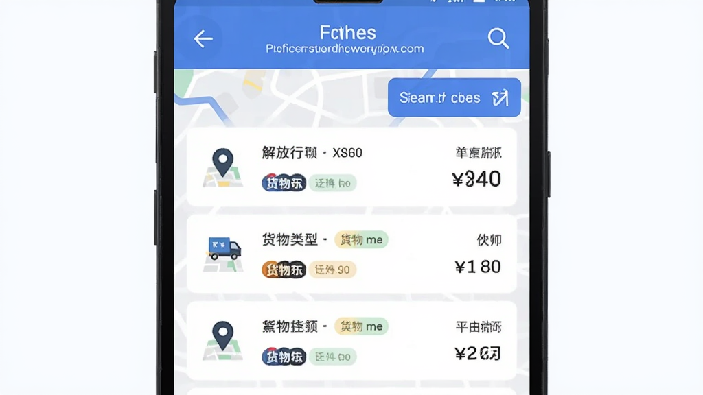 主体为一部安卓手机显示解放行司机版货源列表页面,布局为居中特写,排版突出列表条目与筛选按钮,风格为科技感扁平插画,细节包含地图定位图标、货物类型标签与价格数字,画质清晰、干净、无多余元素