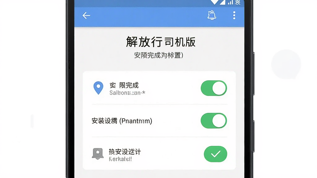 主体为一部安卓手机屏幕显示解放行司机版安装完成后的权限设置页面,布局为竖版居中,排版突出权限开关与提示文字,风格为清爽界面示意插画,细节包含定位图标、通知图标与勾选状态,画质清晰、干净、无多余元素