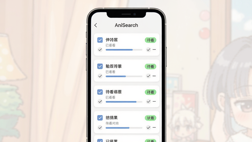 画面主体为手机屏幕内展示动漫列表管理界面,多个番剧条目带勾选标记与状态标签;布局为竖屏手机居中、背景柔和;排版整齐的列表式;风格为现代简约UI风格插画;细节包含待看标签、已看对勾、进度条;画质高清、干净、无多余元素,界面顶部显示“AniSearch”