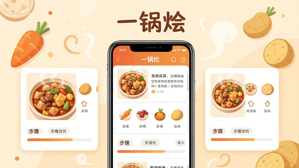 主体为一款名为“一锅烩”的手机应用界面展示,布局采用居中手机正视图加左右辅助卡片形式,排版上标题“一锅烩”置于画面上方居中,风格为清新暖色系美食插画风,细节包括手机屏幕内展示炖菜菜谱列表、食材图标与步骤进度条,背景点缀胡萝卜土豆块与蒸汽线条,画质清晰干净无多余元素