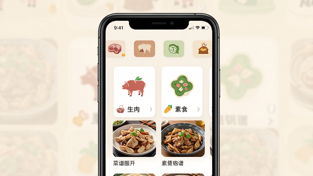 画面主体为“一锅烩”应用内的菜谱分类页面,布局为手机屏幕特写居中,排版上方为分类标签横向排列,风格为扁平化美食UI设计,细节展示猪肉、牛肉、素食等图标与菜谱缩略图网格,背景为浅米色,画质干净清晰无多余元素