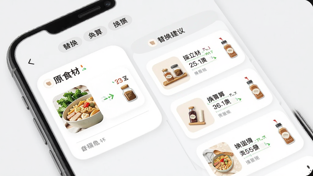 画面主体为“一锅烩”应用中的食材替换与用量换算功能界面,布局为手机屏幕斜放展示,排版左侧为原食材卡片右侧为替换建议列表,风格为柔和圆角卡片式设计,细节包含数字用量、换算箭头与调料瓶图标,背景干净浅灰,画质清晰无多余元素