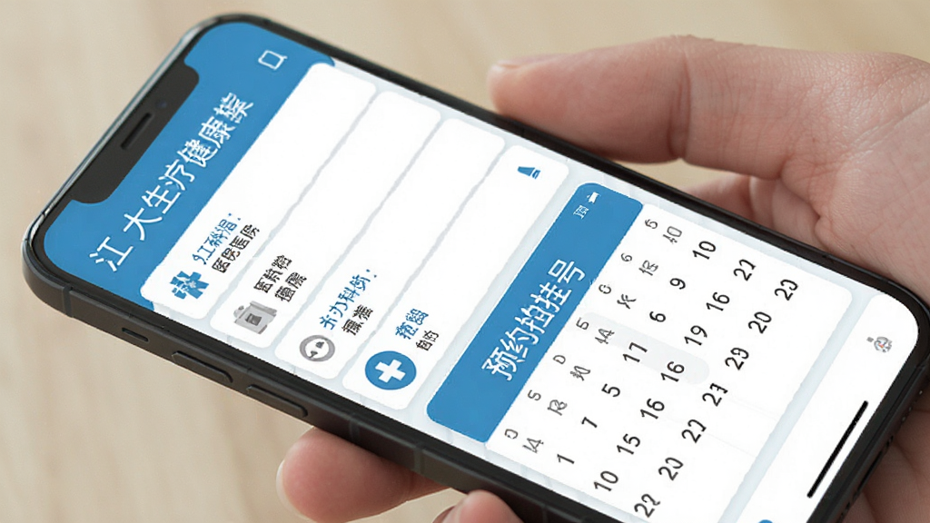 江大生活医疗健康模块界面展示,手机屏幕内呈现医院科室列表与预约挂号日历视图,配色以医疗蓝和白色为主,界面干净整洁,扁平化设计风格,画质清晰无多余元素