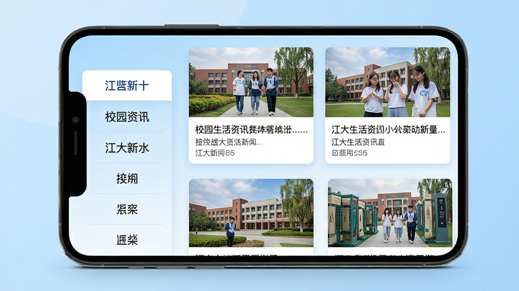 手机屏幕中显示江大生活资讯列表页面,左侧为分类标签栏,右侧为图文混排的校园新闻卡片,背景为浅蓝色渐变,风格简洁现代,画质清晰,干净无多余元素