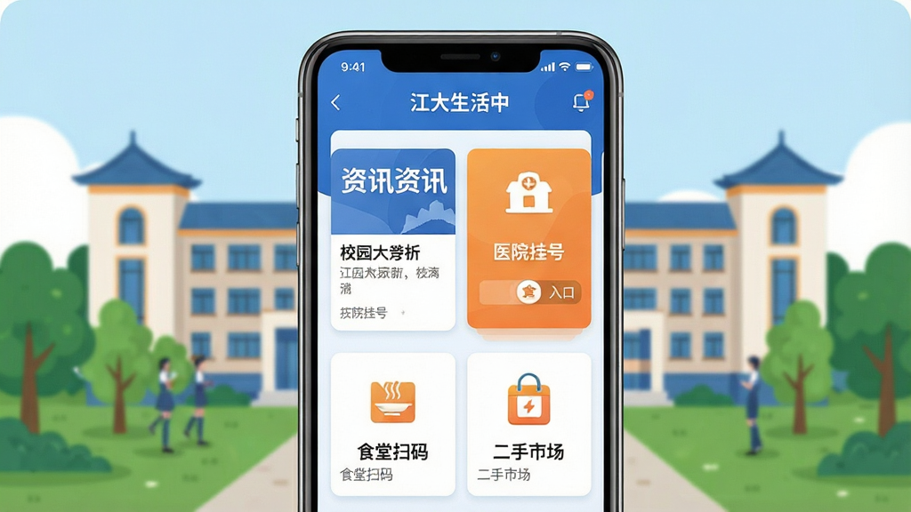 一张展示江大生活手机应用界面的合成图,画面中央是一部竖屏智能手机,屏幕内呈现校园服务聚合首页,包含资讯卡片、医院挂号入口、食堂扫码、二手市场四个功能模块,背景为江汉大学标志性教学楼与绿树,整体采用扁平化插画风格,色彩以蓝白为主搭配暖橙点缀,细节清晰,画质干净,无多余元素