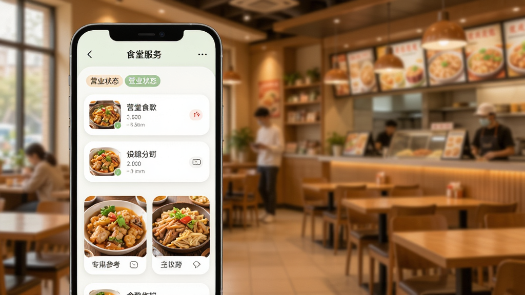 手机应用食堂服务页面,屏幕中展示食堂列表、营业状态标签和菜品参考图,背景为暖色调食堂场景虚化,界面采用圆角卡片设计,风格清新,画质干净,无多余元素