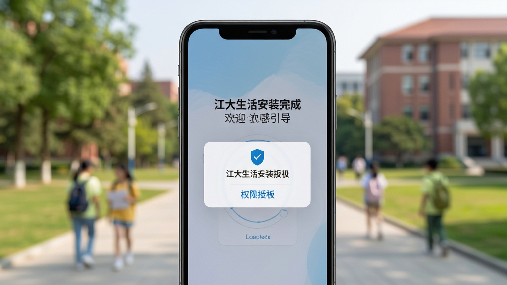 一部手机屏幕显示江大生活安装完成后的欢迎引导页,页面中有权限授权弹窗示意,背景为校园场景虚化,风格写实清晰,画质干净,无多余元素