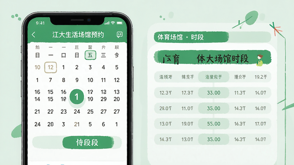 江大生活场馆预约界面,手机屏幕显示日历选择器与体育场馆时段表格,配色以绿色和白色为主,界面清爽,扁平插画风格,画质清晰,干净无多余元素