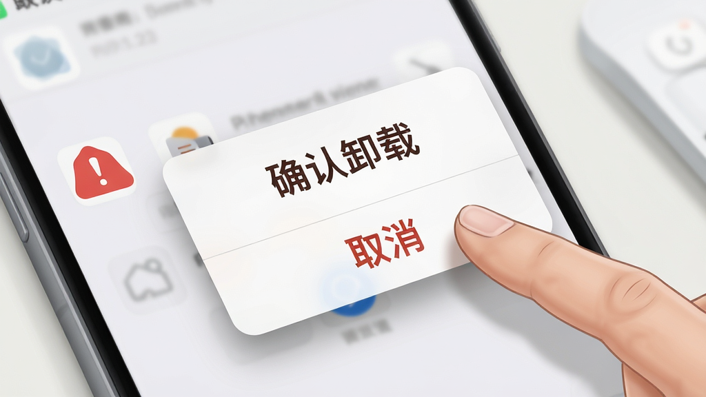 画面展示一个手机设置界面的局部放大场景,一个应用图标旁边出现感叹号提示与确认弹窗,弹窗中有醒目的