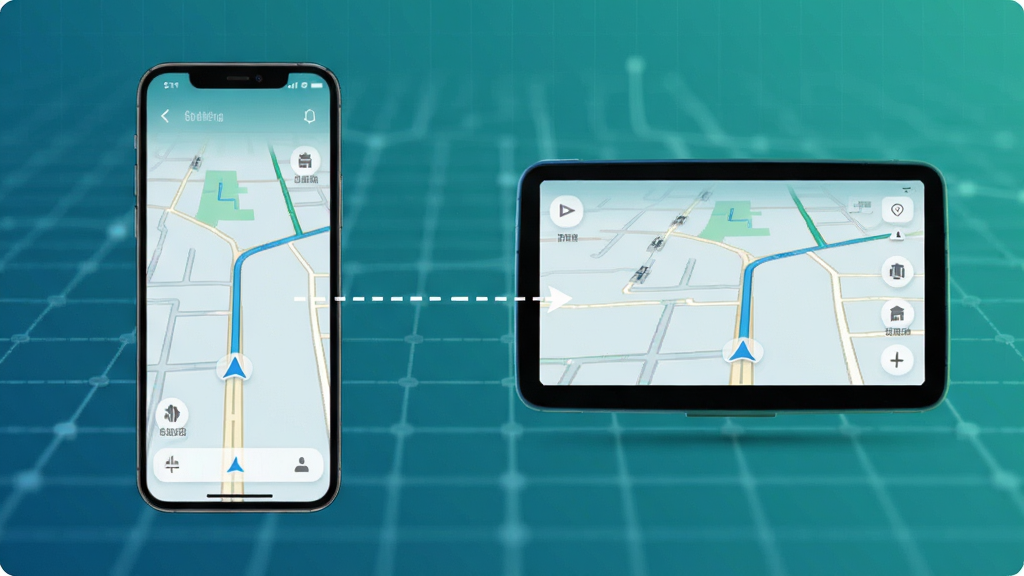 画面展示手机画面与车机屏幕画面同步显示同一导航地图界面,两者之间用虚线箭头表示低延迟传输,背景为简约的科技网格纹理,主色调为蓝绿色,风格现代简洁,构图平衡,细节清晰,画质细腻,无多余装饰