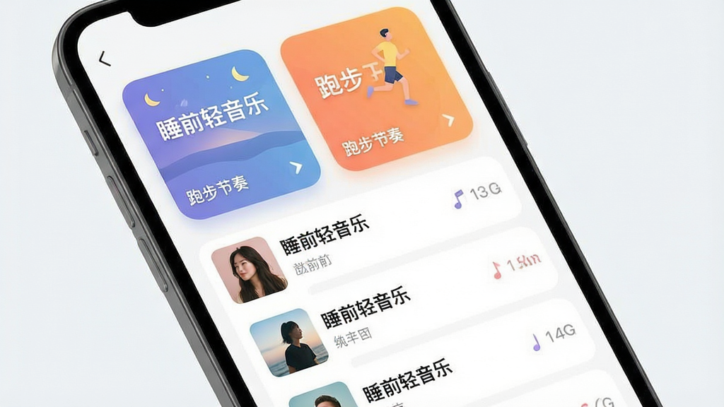 一张展示音乐歌单管理界面的效果图,画面为手机屏幕特写,屏幕中显示多个彩色歌单卡片,卡片上写有“睡前轻音乐”“跑步节奏”等文字,卡片下方为歌曲条目列表,布局为纵向排列,风格为柔和圆角卡片设计,细节包含歌单封面与歌曲数量标识,画质清晰,画面干净,无多余元素