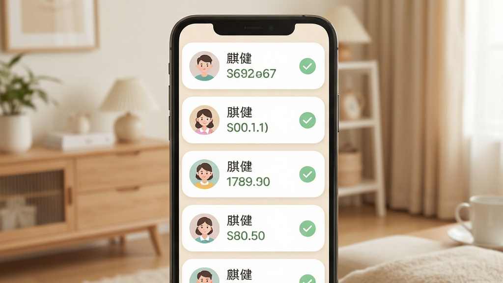 主体为手机屏幕展示家庭成员健康档案列表界面,布局为手机正面居中,屏幕内可见多个头像卡片与健康数据摘要,排版为纵向列表式,风格为温馨清爽的居家健康风,细节包括浅米色背景、圆角卡片、柔和的绿色对勾图标与“麒健”字样,画质高清、画面干净、无多余元素