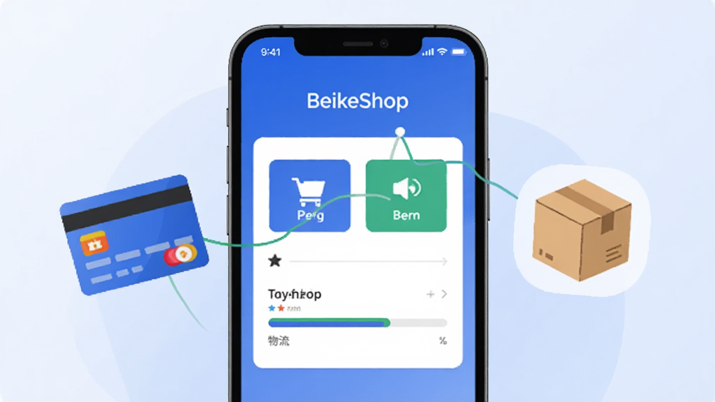 画面中央为一部手机屏幕,屏幕上显示“BeikeShop”订单结算页面,页面中包含支付方式图标与物流进度条,手机两侧分别漂浮着支付卡片与包裹箱图标,背景为柔和的浅蓝渐变,布局采用中心对称构图,风格为简洁的扁平化图标插画,细节上突出支付与物流两条视觉线索,画质细腻干净,画面无多余元素