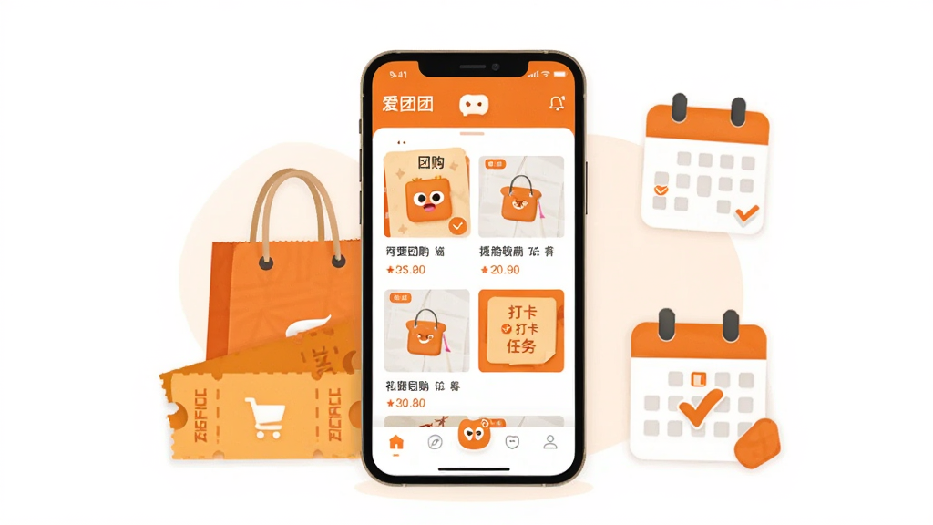 画面中央放置一部智能手机,屏幕内展示“爱团团”应用主界面,界面包含团购商品卡片、打卡任务入口与底部导航栏;手机周围环绕购物袋、优惠券、日历签到图标等元素;整体采用扁平化插画风格,配色以橙色和白色为主,明亮温暖;背景简洁留白,无杂乱装饰;画质清晰细腻,干净利落,无多余元素。