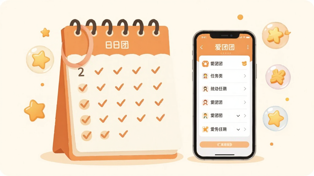 画面主体为一本竖版日历与手机并排摆放,日历上标注多个打勾符号,手机屏幕显示“爱团团”任务列表界面;旁边点缀金色星星与积分气泡;采用清新扁平插画风格,主色调为浅橙与米白;构图居中对称,背景干净无杂物;画质高清,细节柔和,无多余元素。
