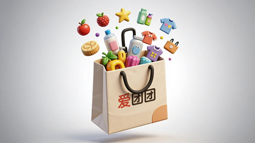 画面展示一个悬浮在空中的购物袋,袋口向外散落各类商品小图标,包括水果、日用品、服饰等;购物袋正面印有“爱团团”标识;背景为浅灰色渐变,突出主体;采用3D立体质感插画风格,光影柔和;构图饱满,画质精细,干净无杂乱元素。