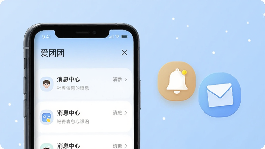 画面左侧为手机侧视图,屏幕显示“爱团团”消息中心列表界面,右侧悬浮一个铃铛图标与信封图标;背景为浅蓝色调,点缀细小光点;采用简约扁平风格,线条干净;构图左右呼应,画质清晰,无多余元素。