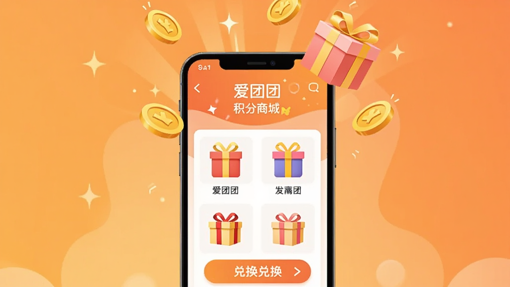 画面中心为一部手机,屏幕显示“爱团团”积分商城页面,页面内有礼品图标与兑换按钮;手机上方漂浮金币与礼盒元素,金光闪闪;背景为暖橙色渐变;采用现代扁平化商业插画风格,色彩明快;构图聚焦手机主体,画质清晰,干净无多余装饰。