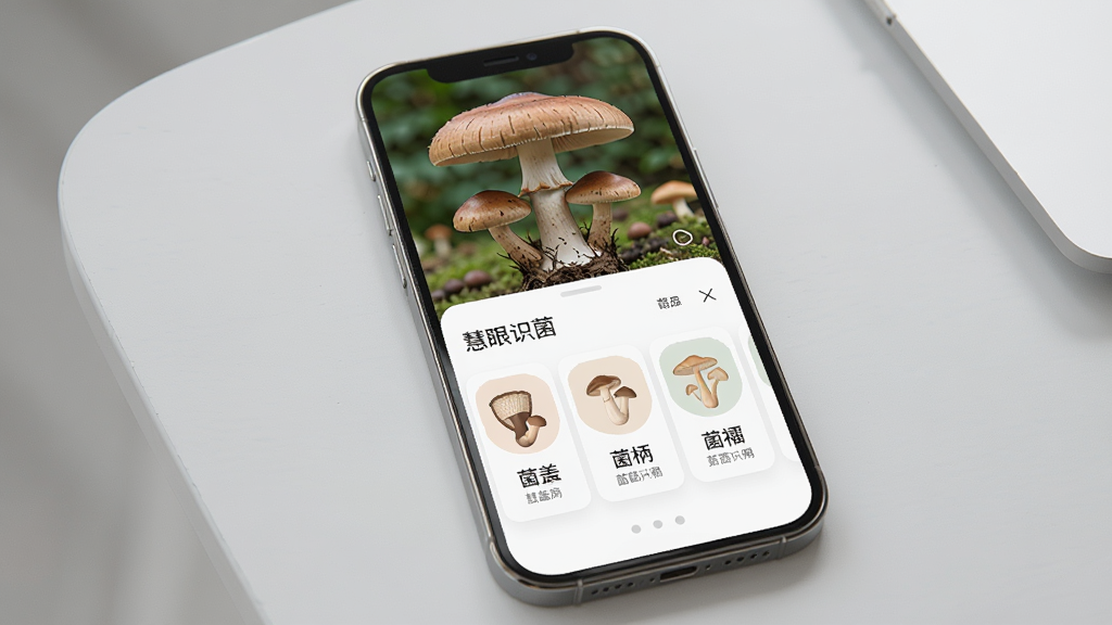 一张手机界面展示菌类识别结果详情的图片,屏幕上方是蘑菇照片,下方是