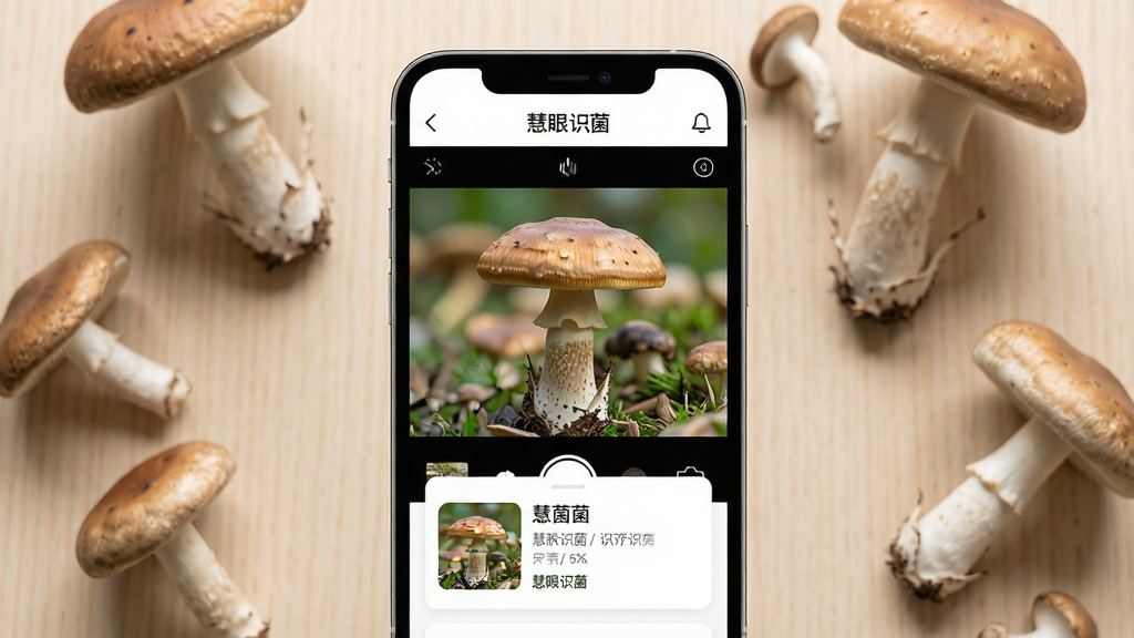 一张手机屏幕展示菌类识别应用界面的图片,画面中央是一部竖屏智能手机,屏幕上显示