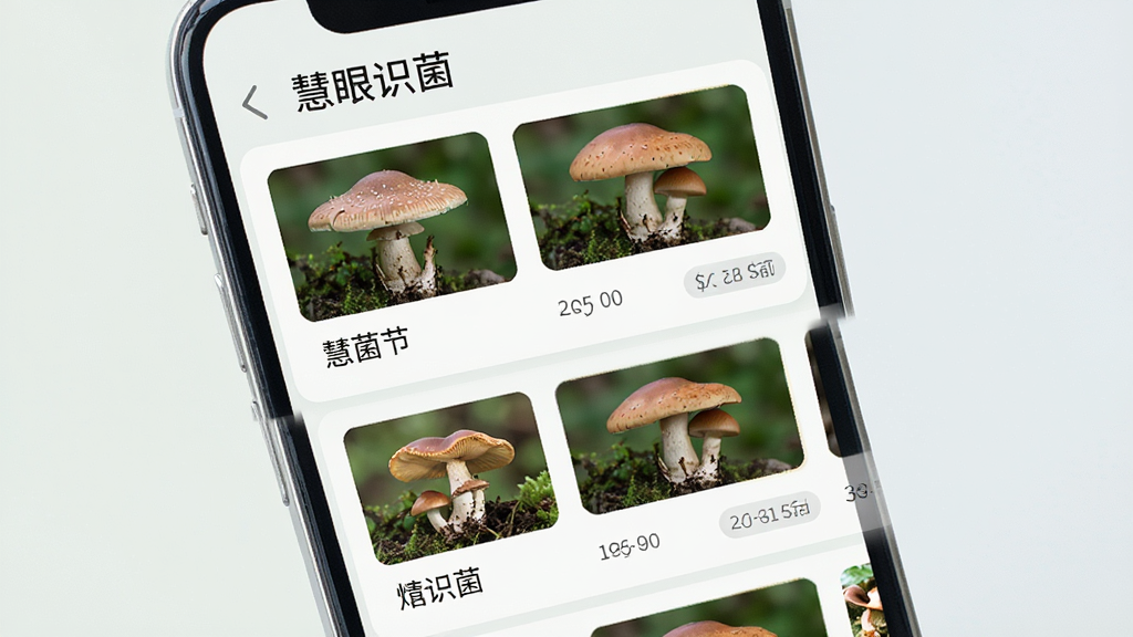 一张展示菌类观察记录列表的手机界面图片,屏幕上排列着多条带缩略图的记录卡片,每条卡片显示蘑菇照片、名称和时间标签,顶部标题为