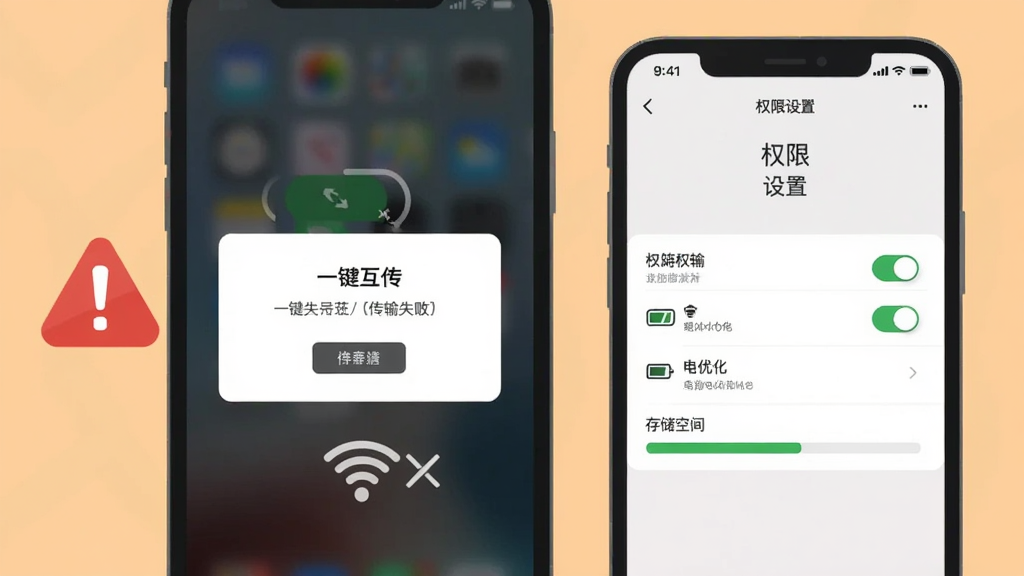 画面展示一部手机屏幕显示“一键互传”传输失败提示弹窗,旁边有红色感叹号图标和WiFi断开符号,另一部手机显示权限设置界面,背景为浅橙色警示色调,布局为左右对比构图,风格为扁平化示意图,细节包含权限开关、电池优化选项、存储空间条,画质清晰干净,无多余元素