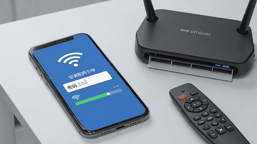 手机屏幕显示空调配网引导页面,页面包含WiFi图标、密码输入框与进度条,手机旁放置路由器与空调遥控器,背景为浅灰家居桌面,构图以手机为主体、配件点缀四周,风格清爽写实插画,细节突出进度条与网络信号图标,画质高清,干净无多余元素