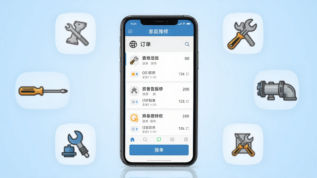 一张展示家庭维修服务平台(商家端)软件界面的手机样机图,画面中央是一部竖屏智能手机,屏幕上显示订单列表与接单按钮,手机周围环绕着维修工具图标如扳手、螺丝刀、水管等,背景为浅蓝色渐变,整体风格简洁商务,细节清晰,画质干净,无多余元素