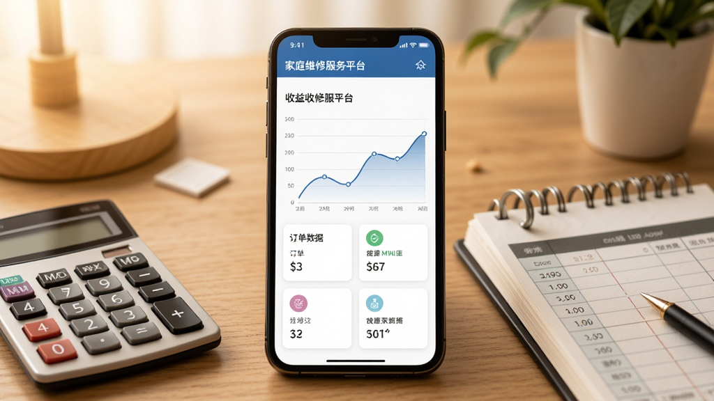 家庭维修服务平台(商家端)收益统计页面展示图,手机屏幕显示收益曲线图与订单数据卡片,旁边摆放计算器和账本,背景为暖色调办公桌面,风格商务简洁,细节清晰,画质干净,无多余元素