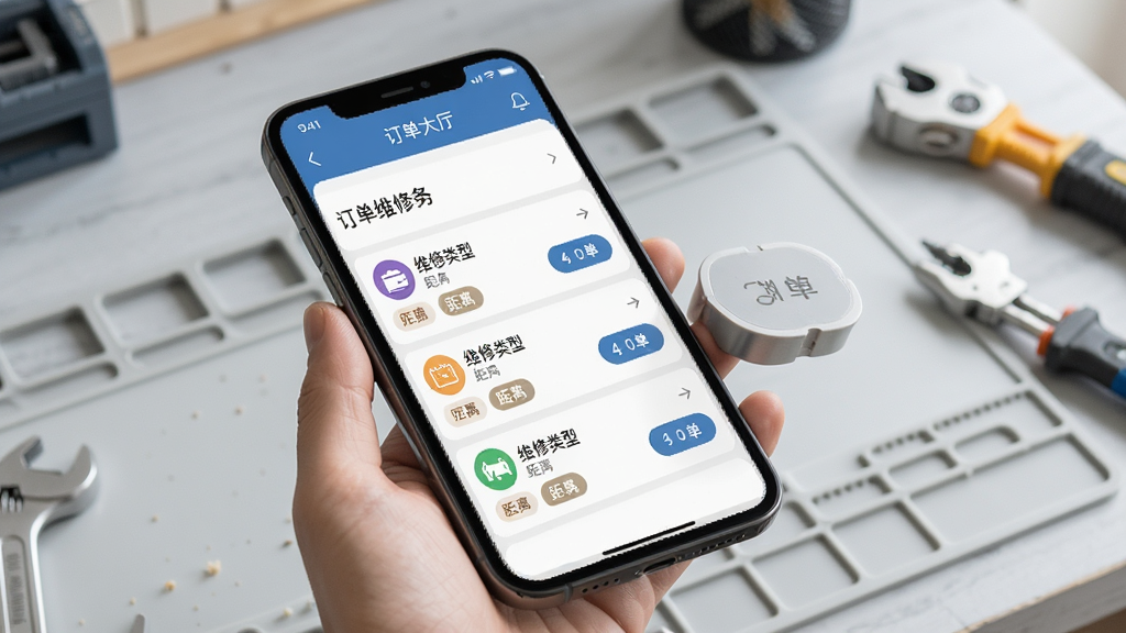 家庭维修服务平台(商家端)智能派单界面展示图,画面中一部手机屏幕显示订单大厅列表,每条订单带有维修类型图标与距离标签,旁边有抢单按钮,背景为淡灰色工作台场景,风格清爽简约,细节丰富,画质清晰,无多余元素