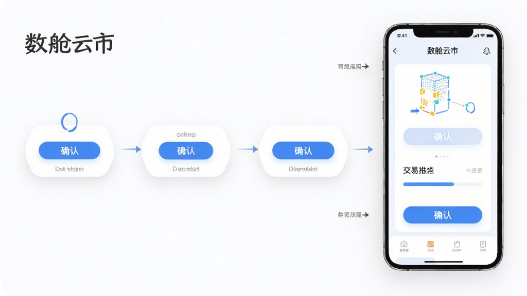 主体为数舱云市交易流程界面示意,布局为三步流程图加手机界面展示,排版左侧流程节点右侧手机屏幕,风格现代简约,细节包含箭头连接、确认按钮、进度条、文字标签“数舱云市”,画质高清干净无多余元素