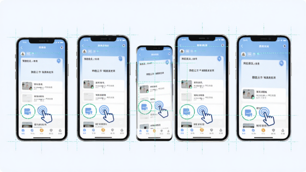 主体为数舱云市移动端适配展示,布局为多台不同尺寸手机并排显示同一应用界面,排版横向排列展示适配效果,风格清新浅色,细节包含响应式布局示意、手指点击图标、界面元素对齐标注,画质清晰干净无多余元素