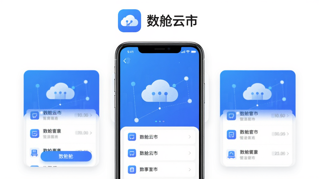 主体为数舱云市手机应用界面展示,布局采用居中手机模型加两侧悬浮功能卡片,排版上方留白放置应用图标与名称文字“数舱云市”,风格为现代科技感扁平化设计,细节包含蓝色渐变背景、云朵与数据节点元素、清晰的按钮和列表模块,画质高清干净无多余元素