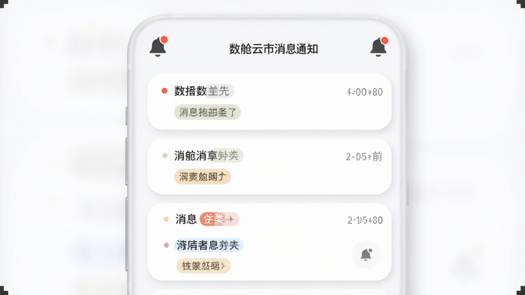 主体为数舱云市消息通知界面,布局为手机屏幕内消息列表加顶部铃铛图标,排版纵向列表清晰分层,风格柔和圆角,细节包含未读红点、时间戳、消息分类标签、柔和阴影,画质高清干净无多余元素
