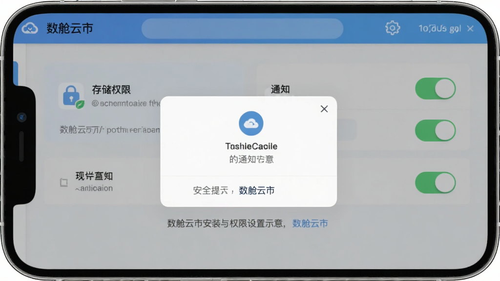 主体为数舱云市安装与权限设置示意界面,布局为手机屏幕展示权限弹窗与设置开关,排版上下分层,风格清爽素雅,细节包含存储权限图标、通知开关、安全提示文字“数舱云市”,画质高清干净无多余元素
