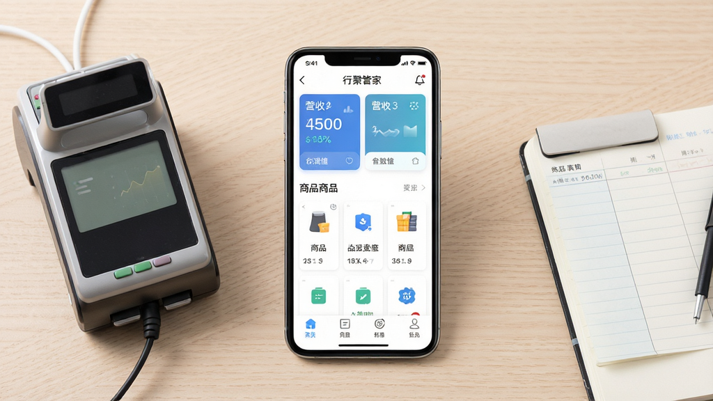 一张展示移动端店铺管理软件界面的场景图,画面中央是一部竖屏手机,屏幕上显示行聚管家应用首页,包含营收数据卡片、商品列表与功能图标,手机旁摆放着小型收银设备与记账本,背景为简洁的浅色木质桌面,布局居中对称,风格现代商务,细节清晰,画质干净明亮,无多余元素