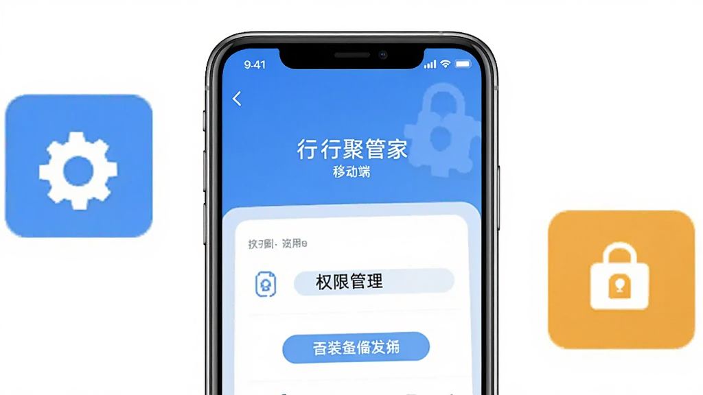 行聚管家移动端安装与权限设置示意画面,手机屏幕显示权限管理页面,旁边有设置齿轮图标与数据备份图标,构图简洁,风格扁平化,细节清楚,画质干净