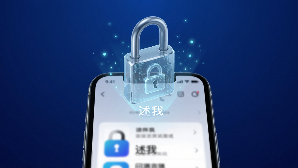 一部手机屏幕显示锁形图标与“述我”应用界面,背景是深蓝色渐变,画面中央有一把半透明的数字锁悬浮在手机上方,周围有细微的光点粒子;布局为居中对称;风格为科技感与安全感结合的插画;细节包含锁体金属质感与屏幕内文字列表的虚化处理;画质干净明亮,无杂乱元素