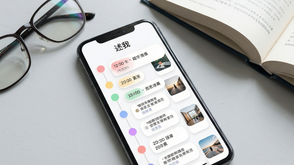 手机屏幕展示时间轴列表,左侧有彩色标签圆点,右侧是文字摘要与缩略图,屏幕上方有“述我”字样;背景为浅灰色桌面,旁边放着一副眼镜和一本翻开的书;风格为清新办公场景;细节包含标签色彩的柔和过渡与列表卡片的圆角设计;画质清晰,光线自然