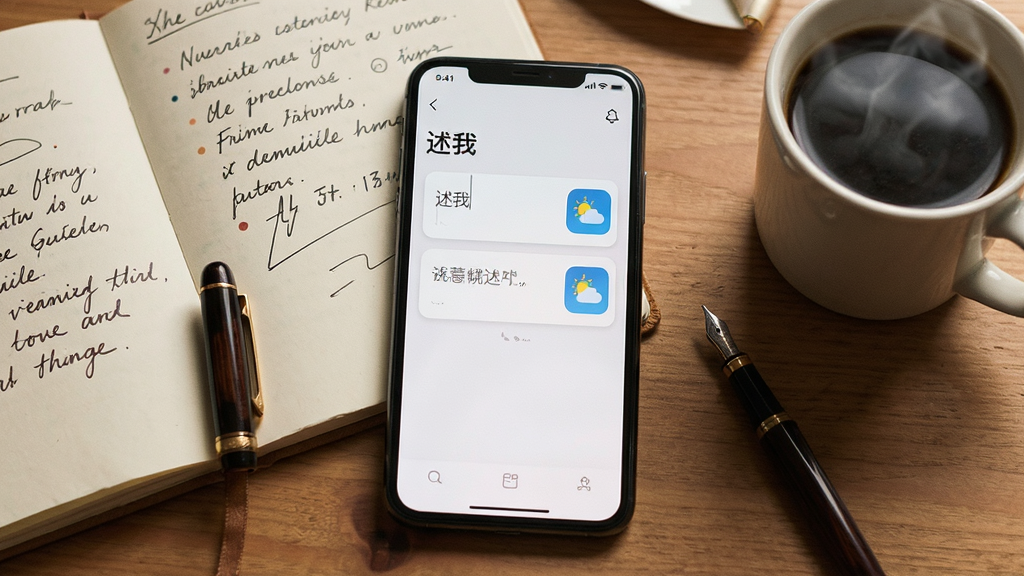 画面中心是一部竖屏智能手机,屏幕显示简洁的卡片式记录界面,标题为“述我”,界面内包含文字输入框与天气图标;手机周围散落着手写笔记本、钢笔与一杯冒热气的咖啡;整体采用暖色调木质桌面背景,光线柔和;风格为写实生活摄影与扁平UI展示结合;细节包含纸张纹理与屏幕微光;画质清晰干净,无多余装饰元素