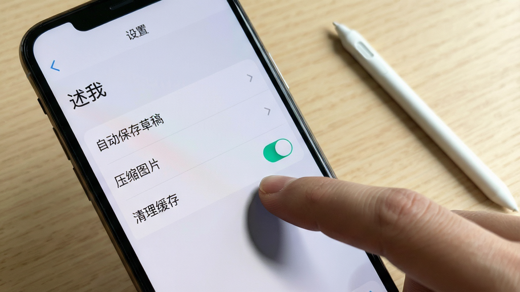 手机屏幕显示“述我”应用设置界面,列表中包含“自动保存草稿”“压缩图片”“清理缓存”等选项,一只手正点击屏幕上的开关按钮;背景为浅色木纹桌面,旁边有一支触控笔;风格为生活化操作演示;细节包含手指与屏幕接触处的轻微阴影和界面文字的清晰呈现;画质干净,无杂乱背景